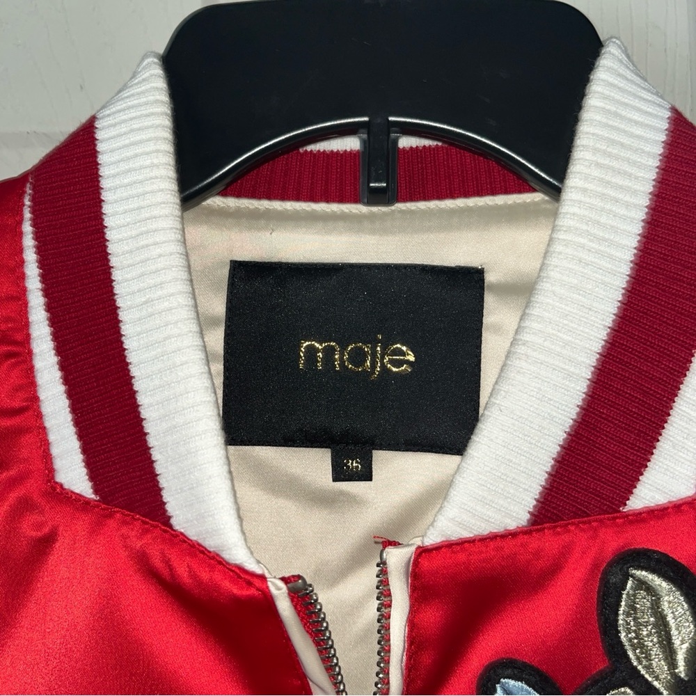 Maje Rouge Bomber Jacket Red Full Zip Size 36 Small Embroidered Womens View 2